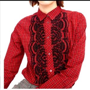 Red Embellished Plaid Ruffle Front Boy Shirt Button-down Top- firey red